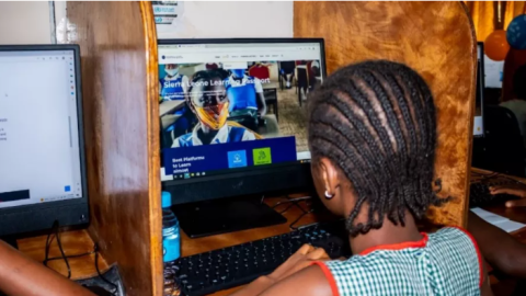 A student using the Learning Passport at a Digital Learning Hub in Sierra Leone.